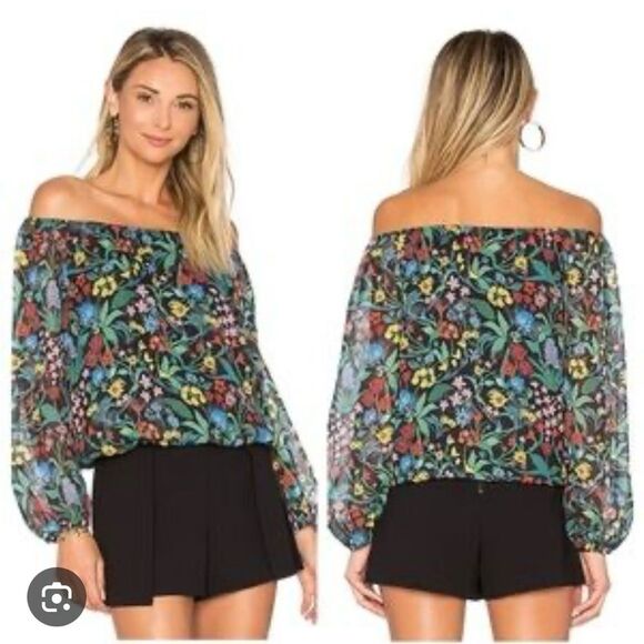 Alice + Olivia Tops - Alice + Olivia Blue Green Off-Shoulder Floral Blouse